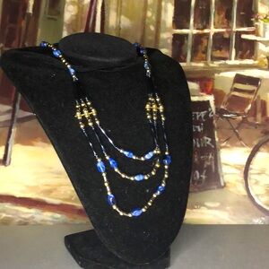 Blue and Gold Multi-Strand Beaded Necklace - Women's Jewelry